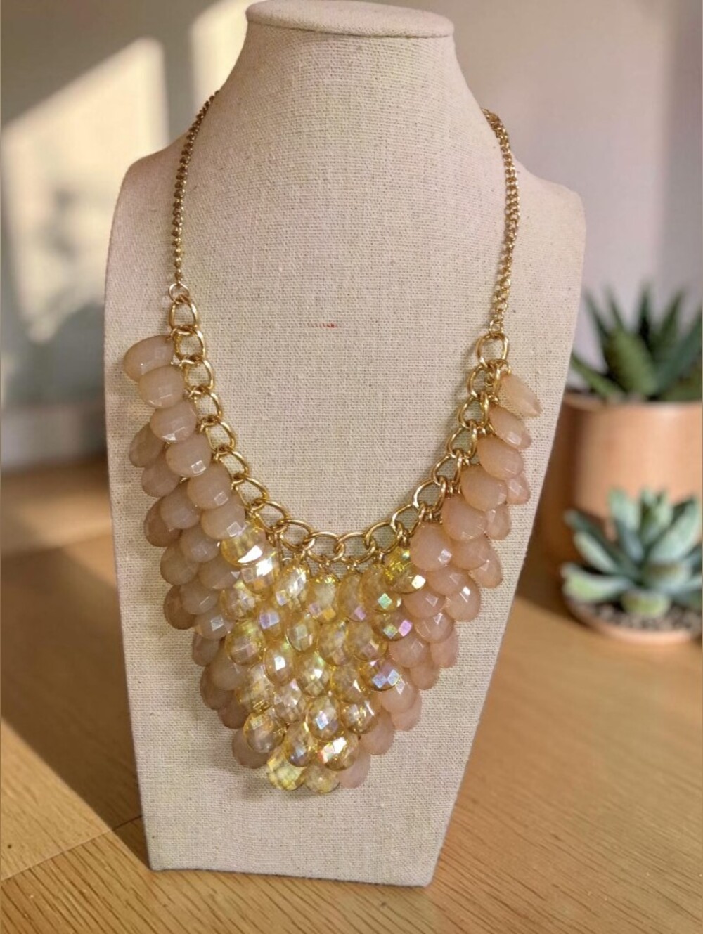Gold-Chain Bib Style Teardrop Necklace Blush And Pink With Rose Gold Accents